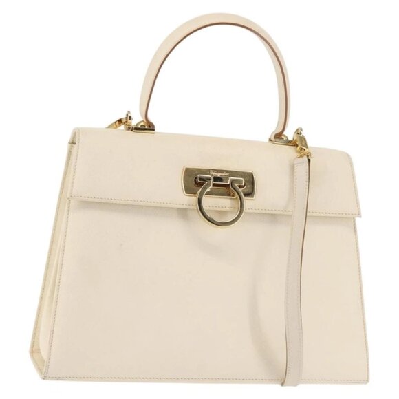 Salvatore Ferragamo Handbags - Salvatore Ferragamo Gancini Hand Bag Leather 2way White Gold Auth BA6323